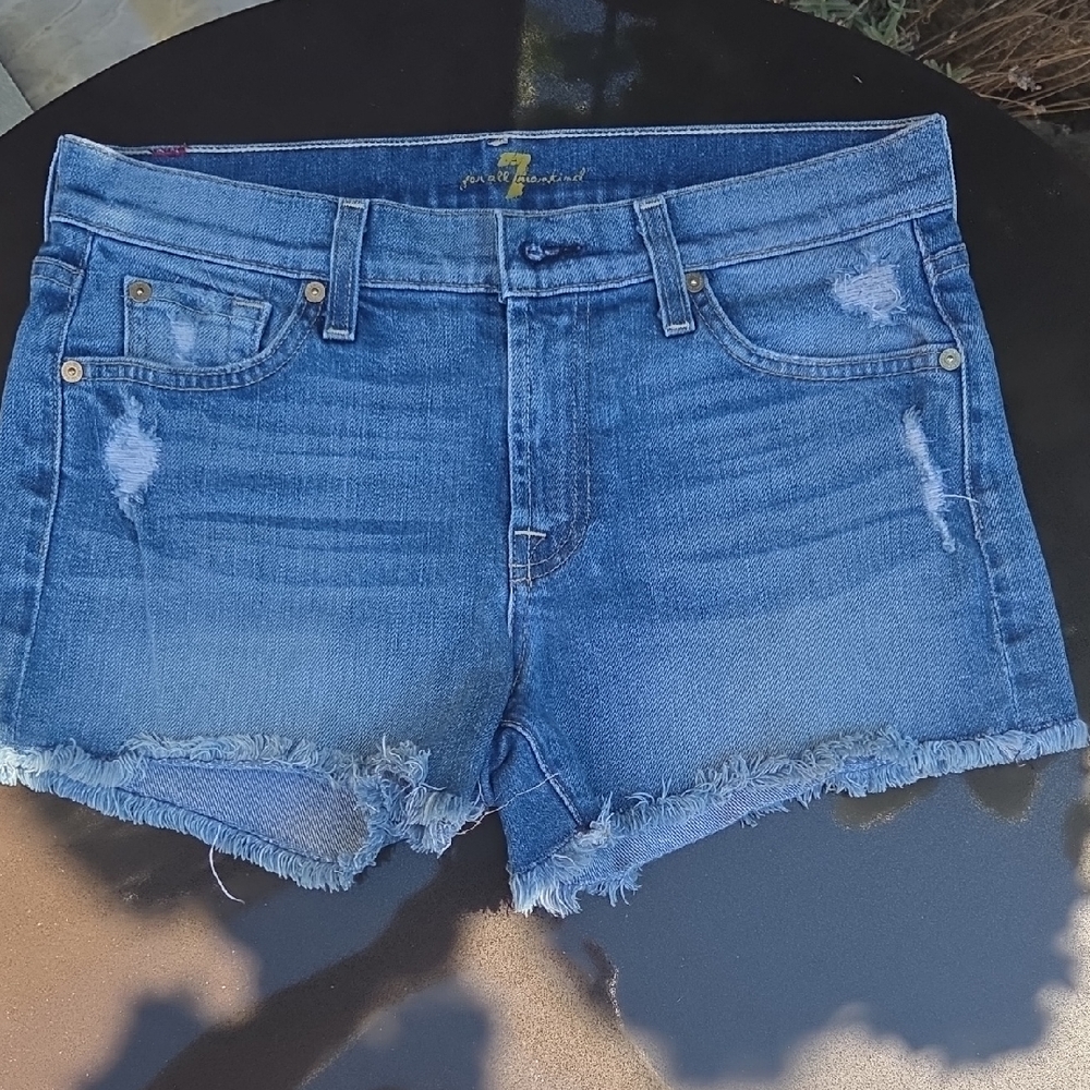 7 For All Mankind Women's Blue Frayed Jean Shorts